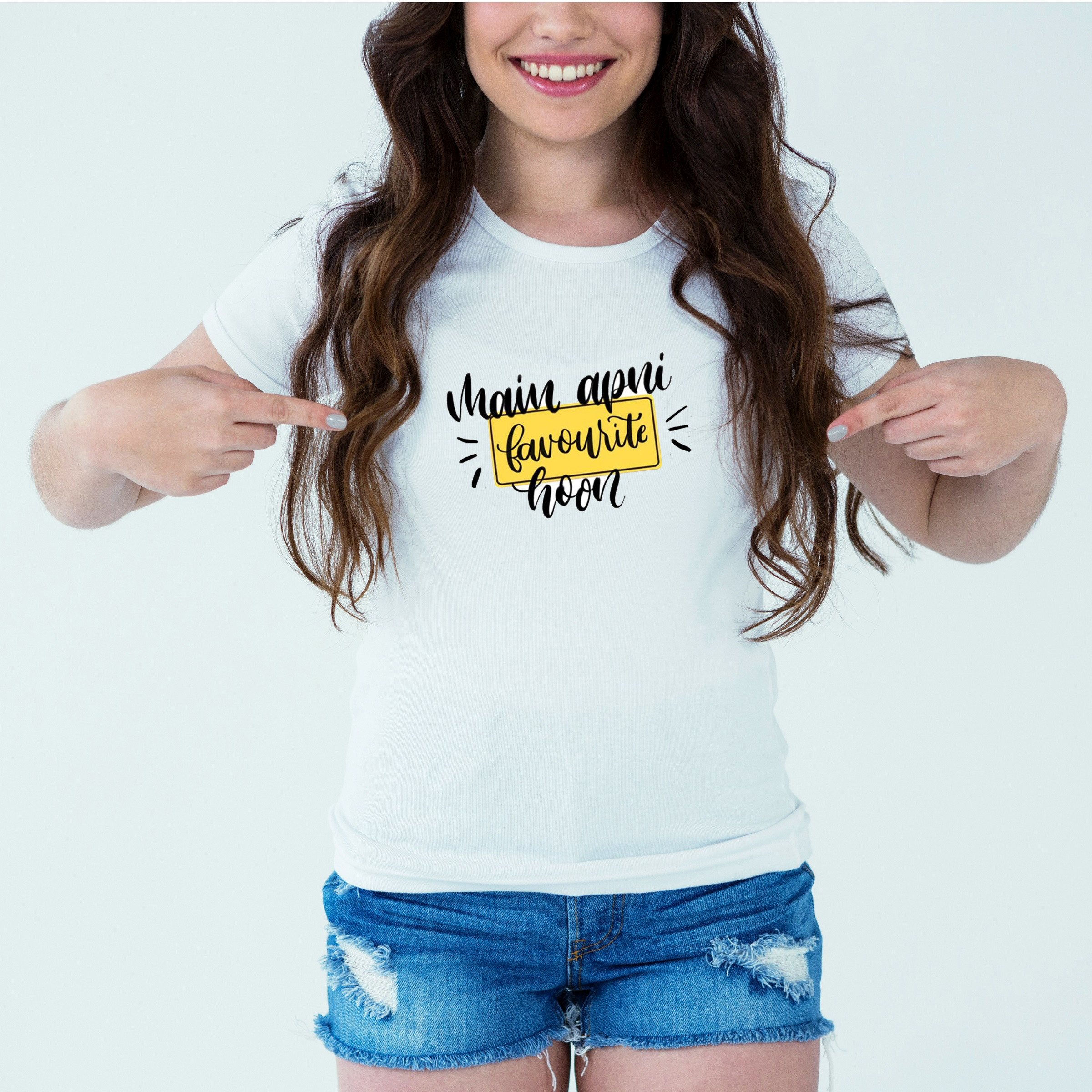 Mockup-Girl-typo-mainapnifavouritehoon.jpg Designer Printed T-Shirt :: Design type - Main Apni Favourite Hoon - Cloth type : DOT-KNIT - Image 1