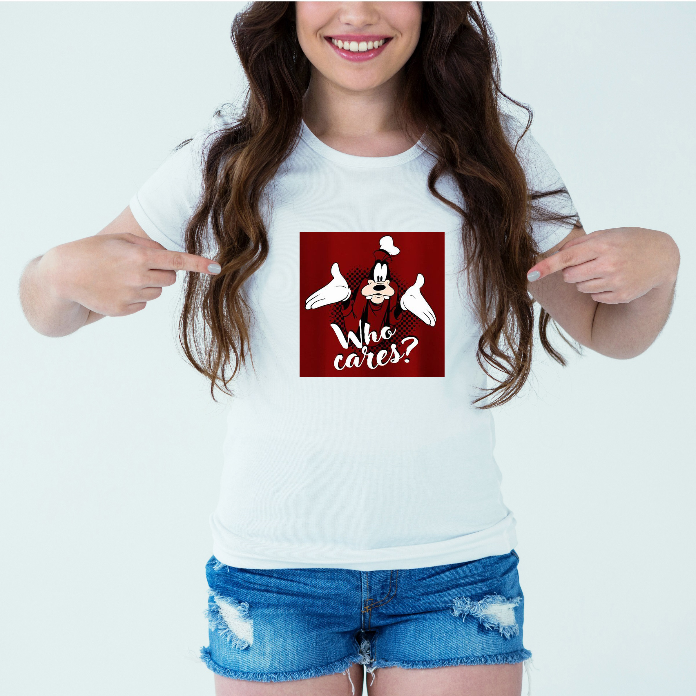 Mockup-Girl-whocares.jpg Designer Printed T-Shirt :: Design type - Who Cares - Cloth type : Cotton - Image 1