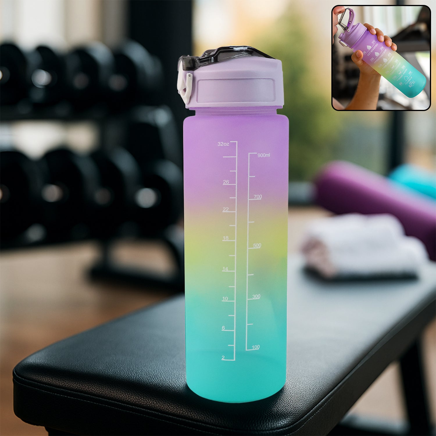 Rainbowbottle-WOSKU-01.jpg Motivational Water Bottle with Straw & Time Marker - Image 1