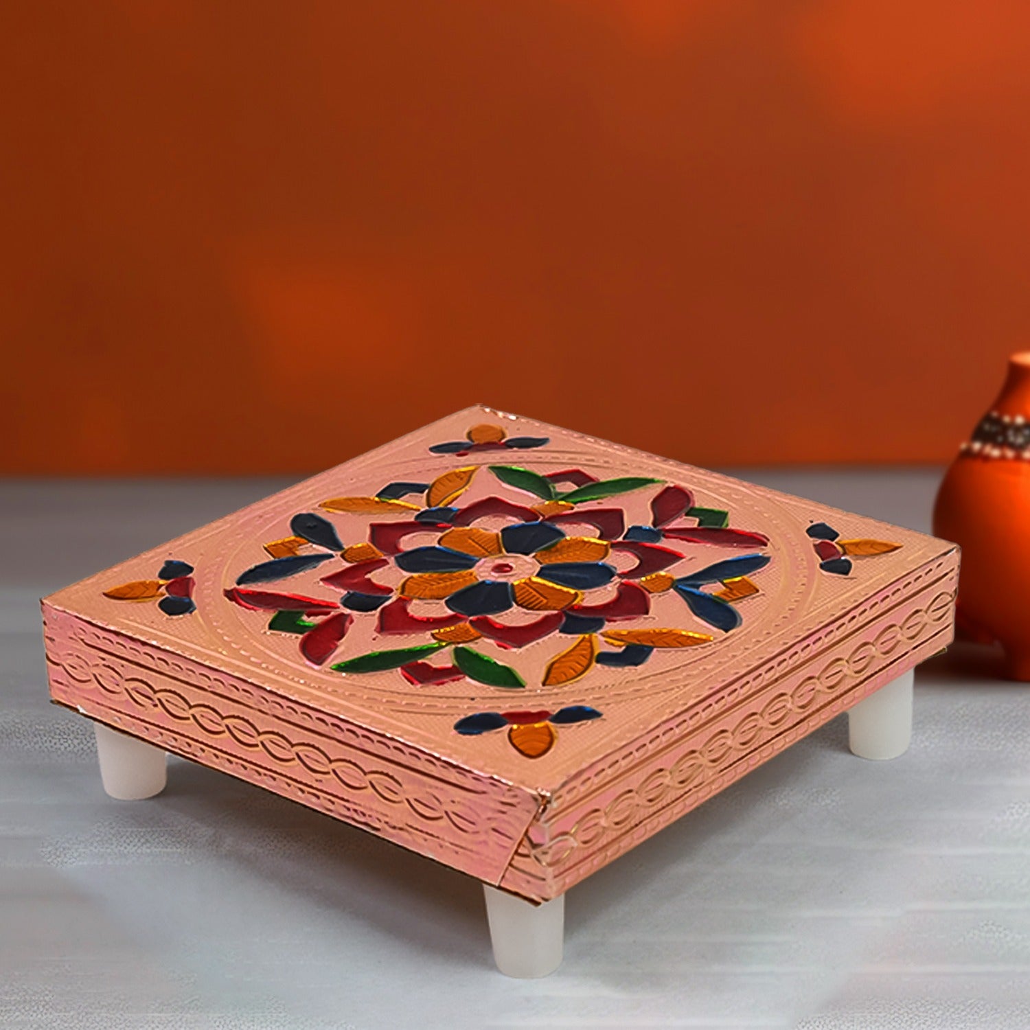 a27ce085-04d0-439b-b3dc-66263dd6066d.jpg 1 Pc Meenakari Wooden Chowki & Bajot Set: For Home & Office Puja (Multicolor) - Image 1