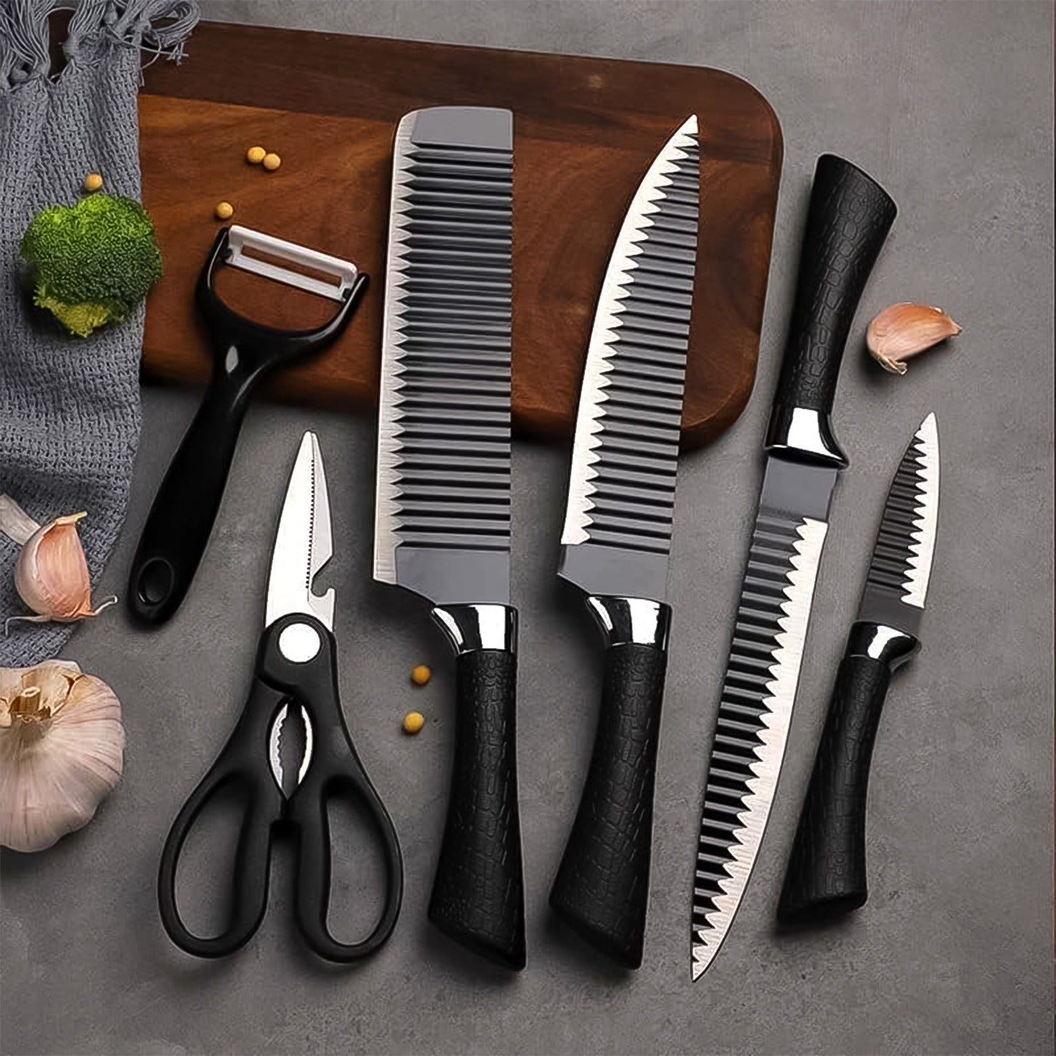 f8091871-23b0-4139-998e-faf2f99d7499.jpg Stainless Steel Knife Set With Chef Peeler And Scissor (6 Pieces) - Image 1