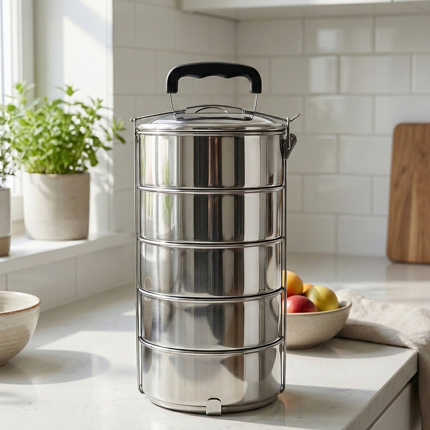 f8a6e8da-8ac7-48a2-9940-1e4128f2e8b6.jpg 5 Compartment Lunch Box (Stainless Steel): Round Tiffin, Leakproof (16x5") - Image 1