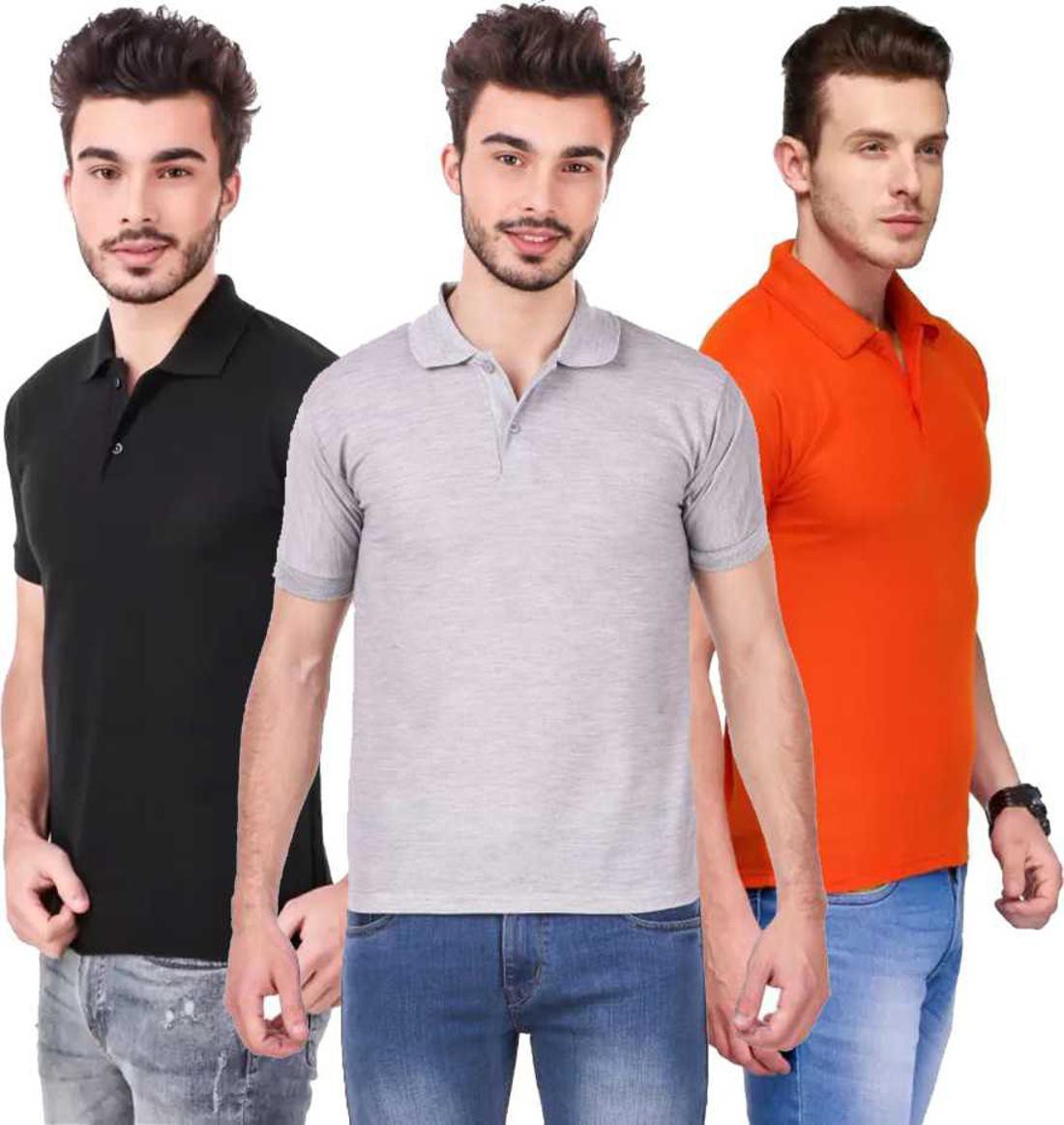l-tshirt-combo-3-black-grey-orange-phonicz-retails-original-imafg4canma4nrgz.jpeg One-H Men's Polo Neck Short Sleeve Casual Tshirt Combo of Black, Orange, Grey colors (Pack of 3) - Image 1