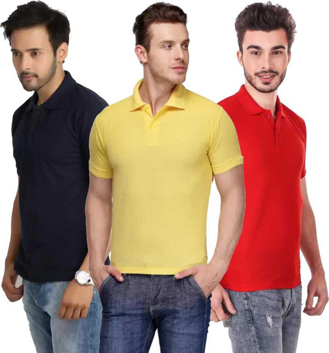 l-tshirt-combo-3-darkblue-yellow-red-phonicz-retails-original-imafg4ajsuyeztzd.jpeg One-H Men's Polo Neck Short Sleeve Casual Tshirt Combo of Dark Blue, Red, Yellow colors (Pack of 3) - Image 1