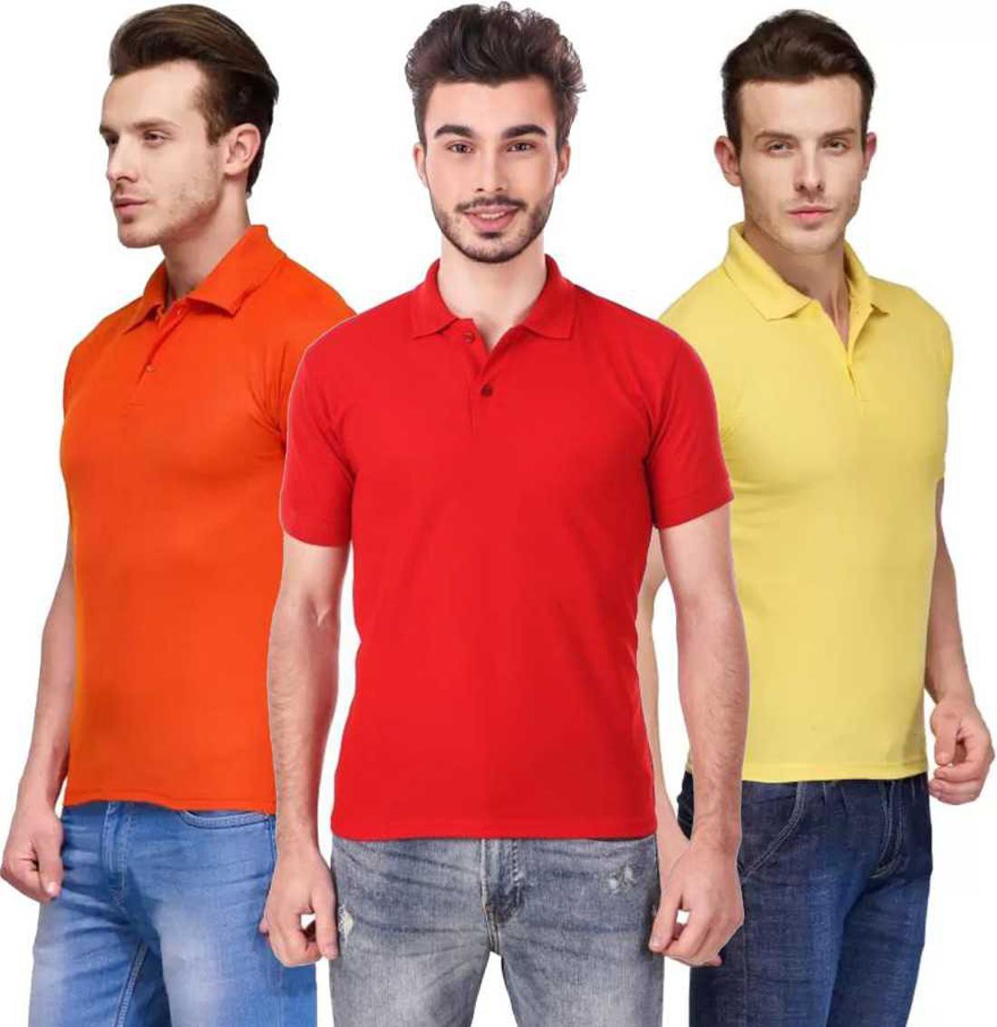 l-tshirt-combo-3-orange-red-yellow-phonicz-retails-original-imafg4czdkwpyuep.jpeg One-H Men's Polo Neck Short Sleeve Casual Tshirt Combo of Red, Orange, Yellow colors (Pack of 3) - Image 1