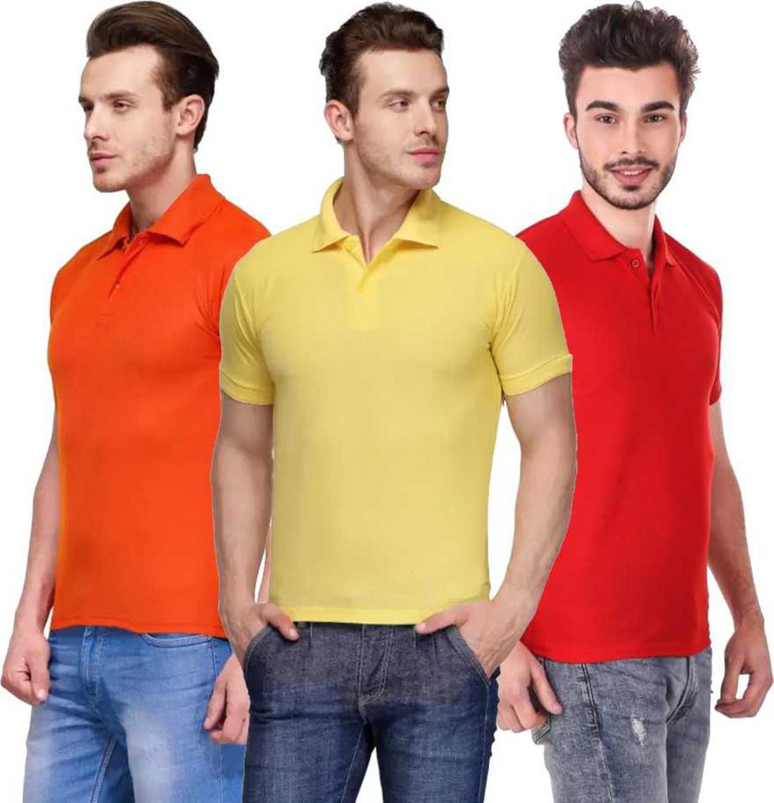 l-tshirt-combo-3-orange-yellow-red-nirosha-original-imafg4aphpzum2tu.jpeg One-H Men's Polo Neck Short Sleeve Casual Tshirt Combo of Red, Orange, Yellow colors (Pack of 3) - Image 1
