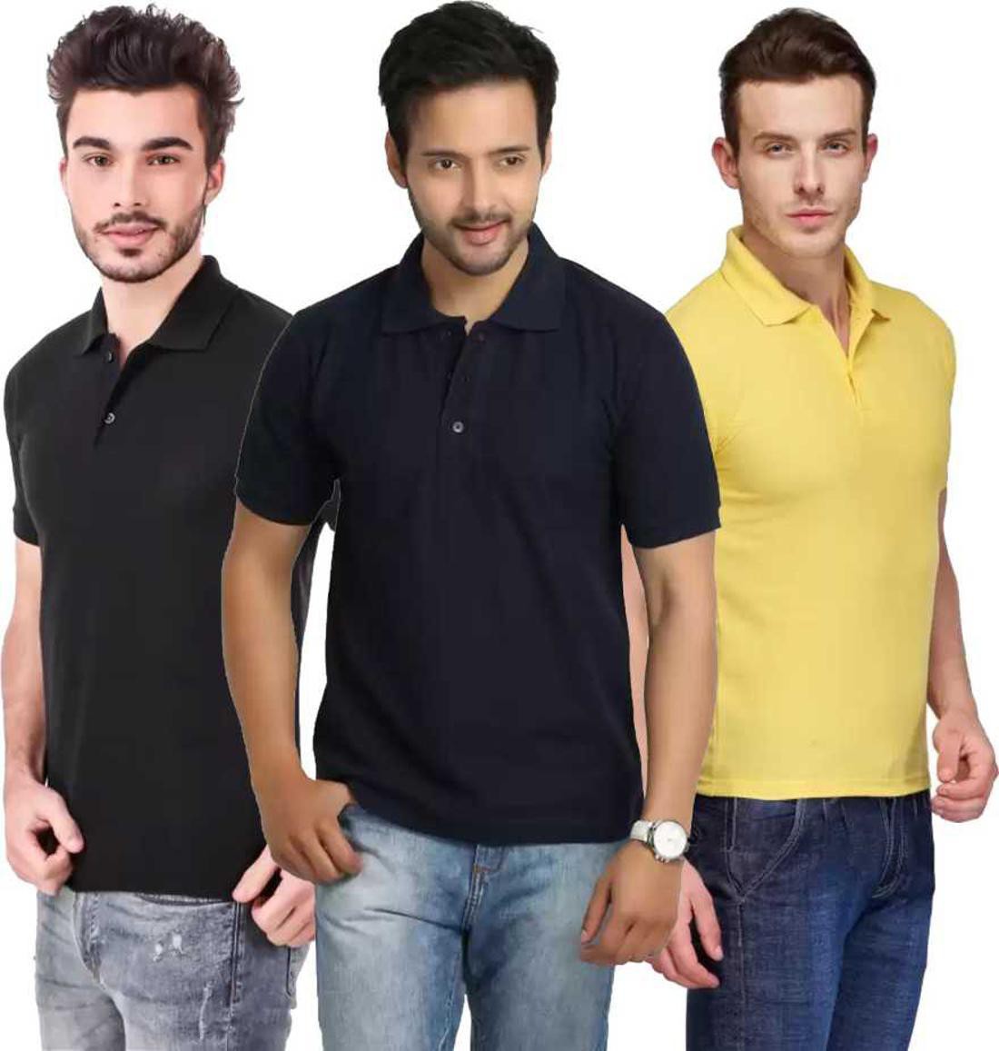 m-tshirt-combo-3-black-darkblue-yellow-phonicz-retails-original-imafg4cxaahezvm2.jpeg One-H Men's Polo Neck Short Sleeve Casual Tshirt Combo of Dark Blue, Black, Yellow colors (Pack of 3) - Image 1