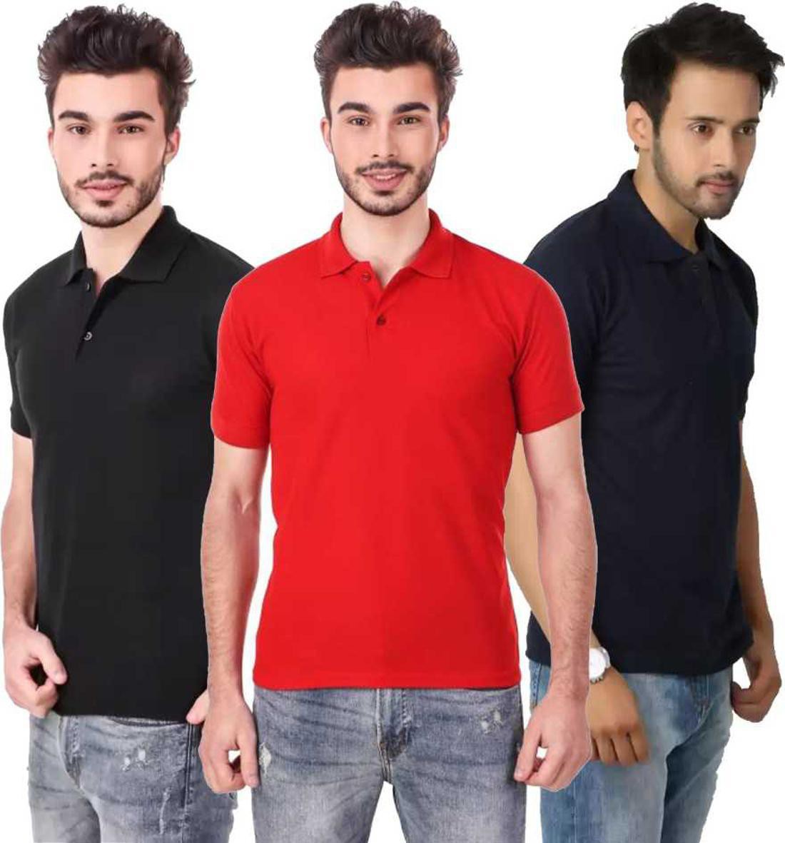 m-tshirt-combo-3-black-red-darkblue-phonicz-retails-original-imafg4baqqtwubft.jpeg One-H Men's Polo Neck Short Sleeve Casual Tshirt Combo of Dark Blue, Red, Black colors (Pack of 3) - Image 1