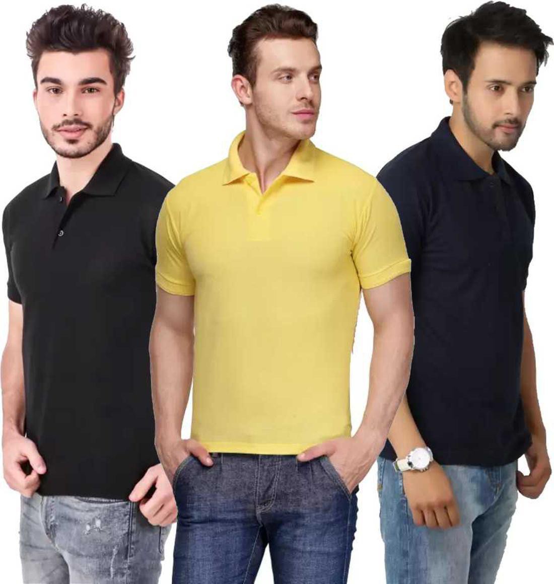 m-tshirt-combo-3-black-yellow-darkblue-phonicz-retails-original-imafg4eye4xrcenz.jpeg One-H Men's Polo Neck Short Sleeve Casual Tshirt Combo of Dark Blue, Black, Yellow colors (Pack of 3) - Image 1