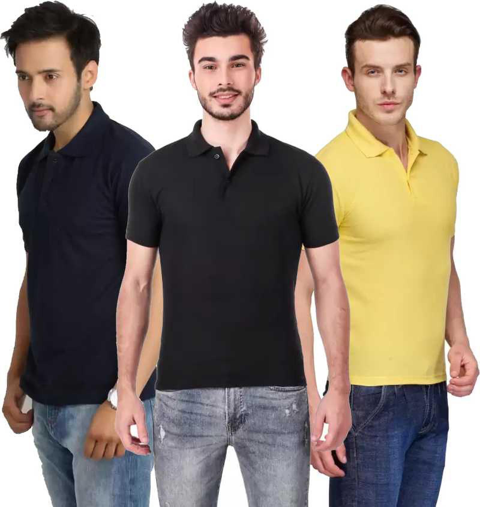 m-tshirt-combo-3-darkblue-black-yellow-phonicz-retails-original-imafg4butjsyjcbz.jpeg One-H Men's Polo Neck Short Sleeve Casual Tshirt Combo of Dark Blue, Black, Yellow colors (Pack of 3) - Image 1