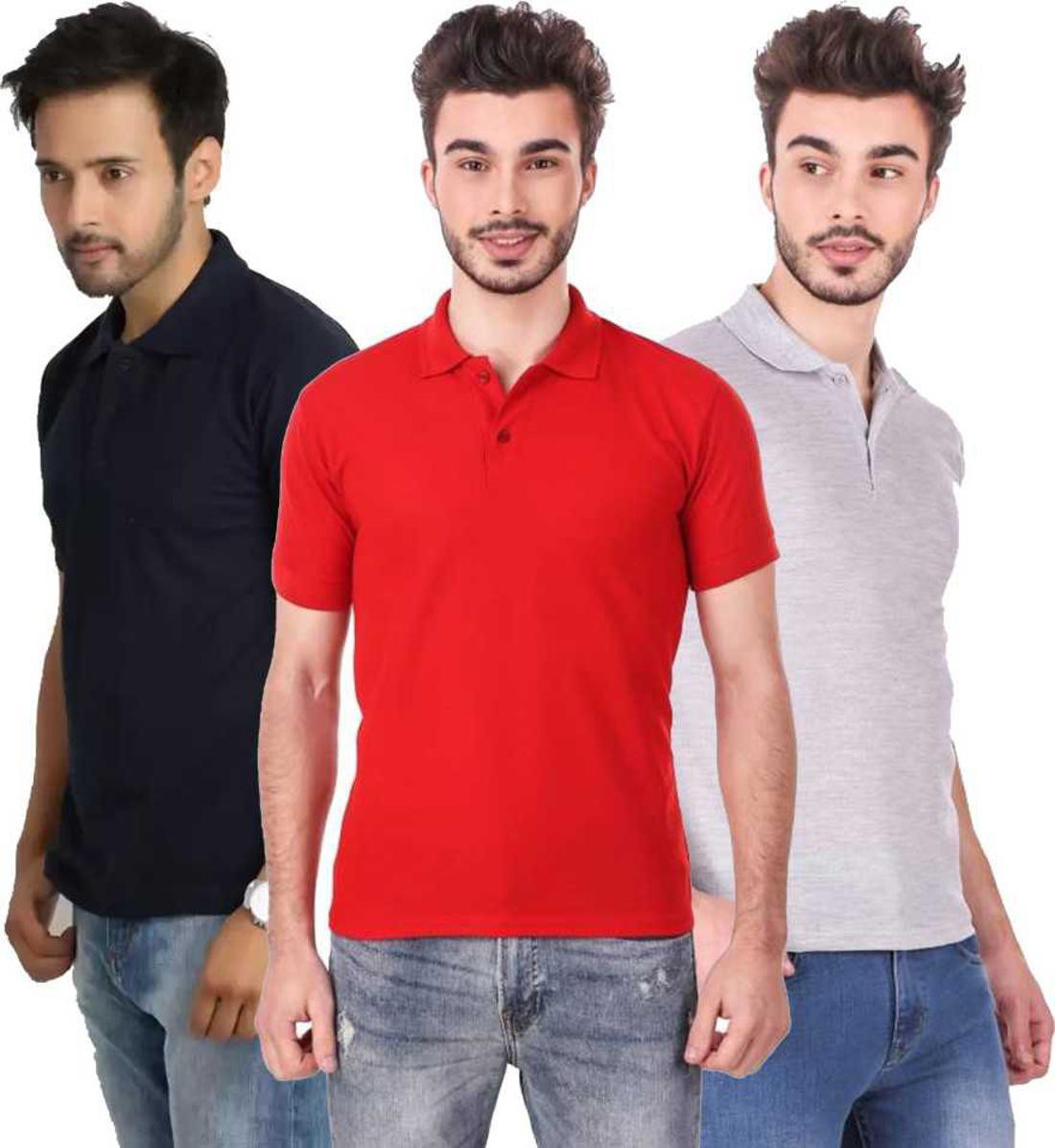m-tshirt-combo-3-darkblue-red-grey-nirosha-original-imafg4cx6cgzh25y.jpeg One-H Men's Polo Neck Short Sleeve Casual Tshirt Combo of Dark Blue, Red, Grey colors (Pack of 3) - Image 1