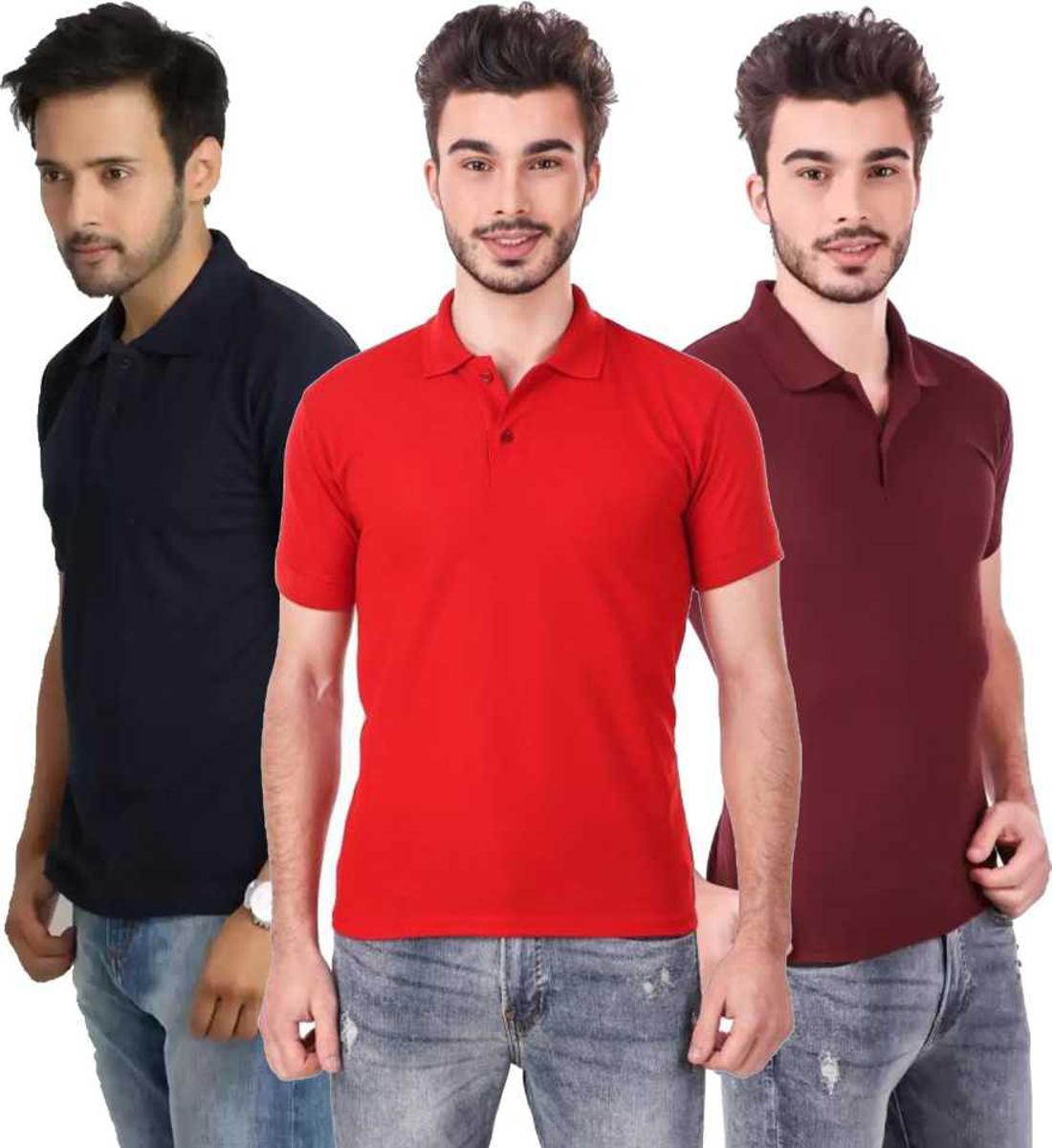 m-tshirt-combo-3-darkblue-red-maroon-phonicz-retails-original-imafg4bhc9why2pv.jpeg One-H Men's Polo Neck Short Sleeve Casual Tshirt Combo of Dark Blue, Red, Maroon colors (Pack of 3) - Image 1