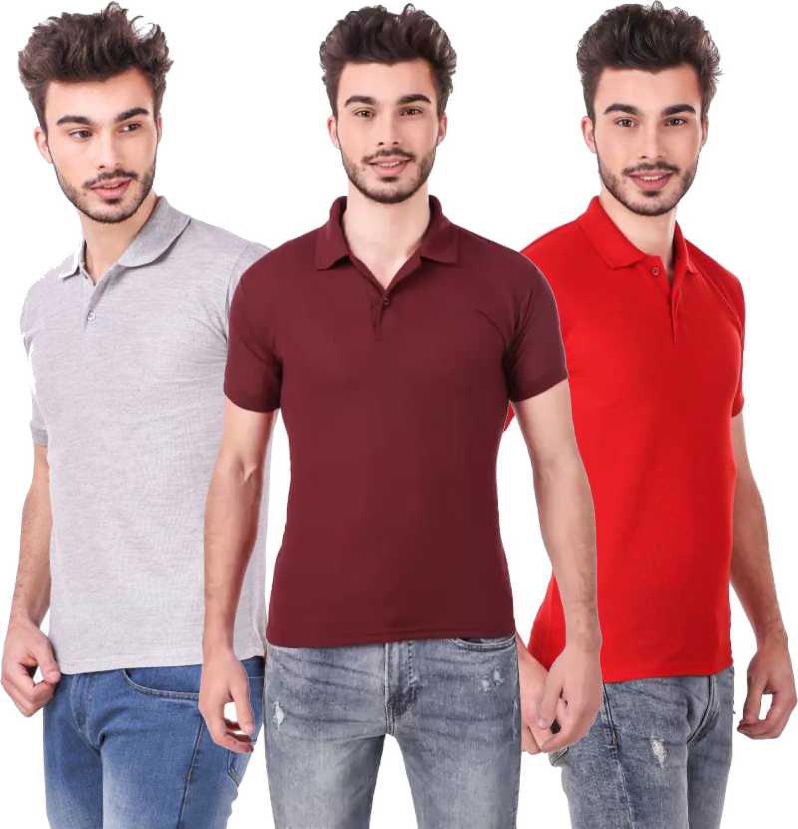 m-tshirt-combo-3-grey-maroon-red-phonicz-retails-original-imafg4bkvzbdzmz7.jpeg One-H Men's Polo Neck Short Sleeve Casual Tshirt Combo of Red, Maroon, Grey colors (Pack of 3) - Image 1