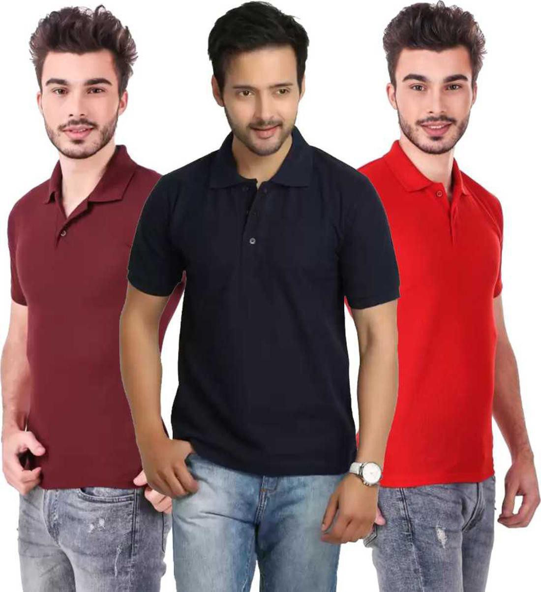 m-tshirt-combo-3-maroon-darkblue-red-phonicz-retails-original-imafg4apbxfcn2uf.jpeg One-H Men's Polo Neck Short Sleeve Casual Tshirt Combo of Dark Blue, Red, Maroon colors (Pack of 3) - Image 1