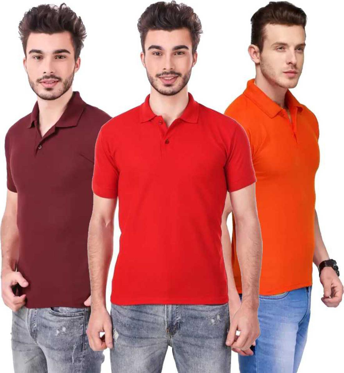 m-tshirt-combo-3-maroon-red-orange-phonicz-retails-original-imafg4buafrz8jgg.jpeg One-H Men's Polo Neck Short Sleeve Casual Tshirt Combo of Red, Maroon, Orange colors (Pack of 3) - Image 1