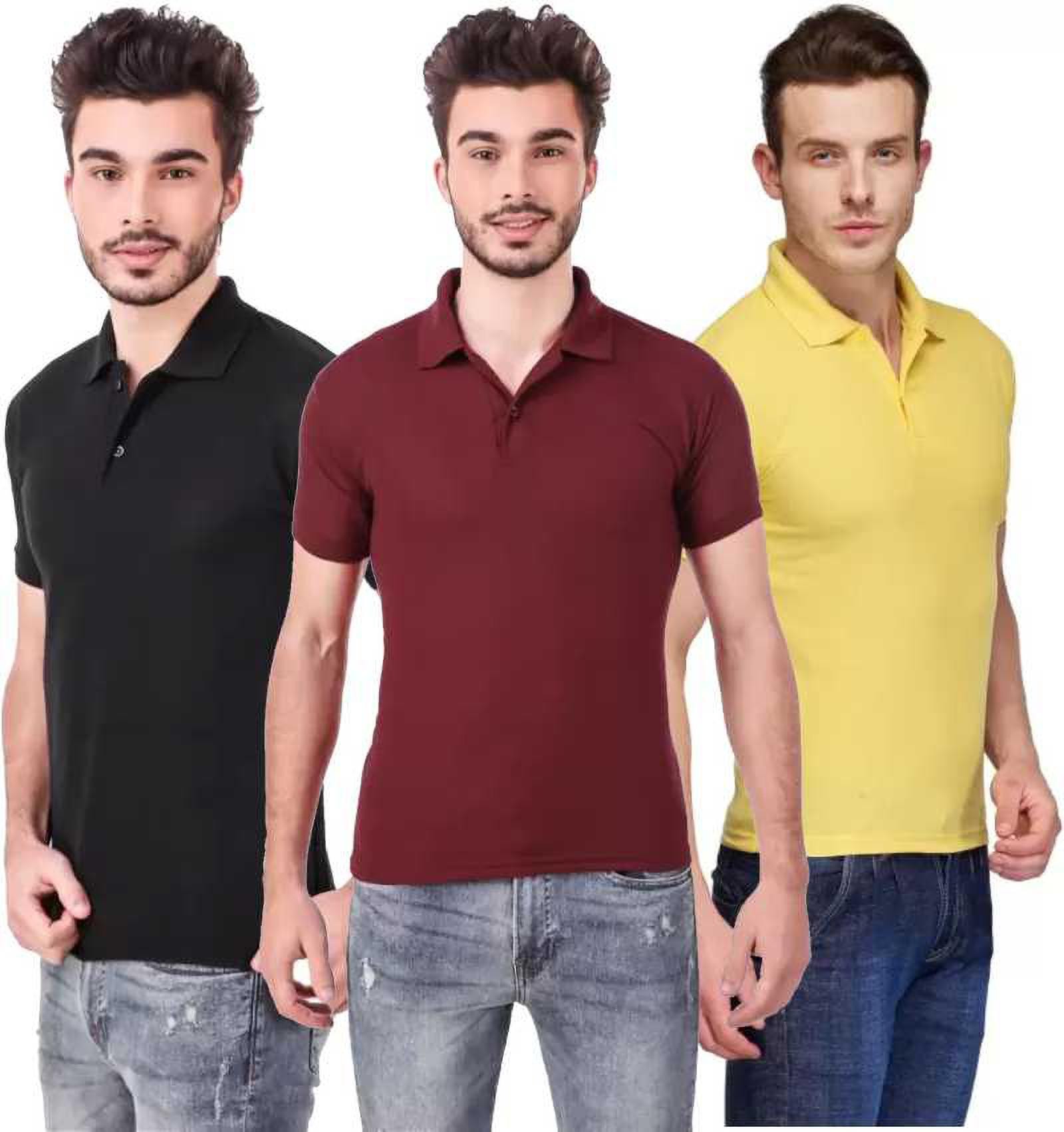 xl-tshirt-combo-3-black-maroon-yellow-phonicz-retails-original-imafg4buhjuubhy4.jpeg One-H Men's Polo Neck Short Sleeve Casual Tshirt Combo of Maroon, Black, Yellow colors (Pack of 3) - Image 1