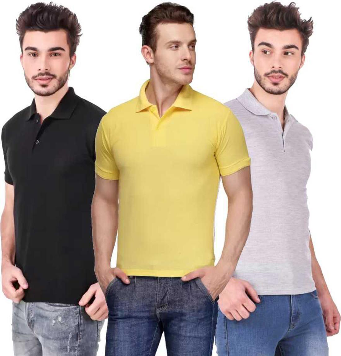xl-tshirt-combo-3-black-yellow-grey-phonicz-retails-original-imafg4c2kdcn29a8.jpeg One-H Men's Polo Neck Short Sleeve Casual Tshirt Combo of Black, Grey, Yellow colors (Pack of 3) - Image 1