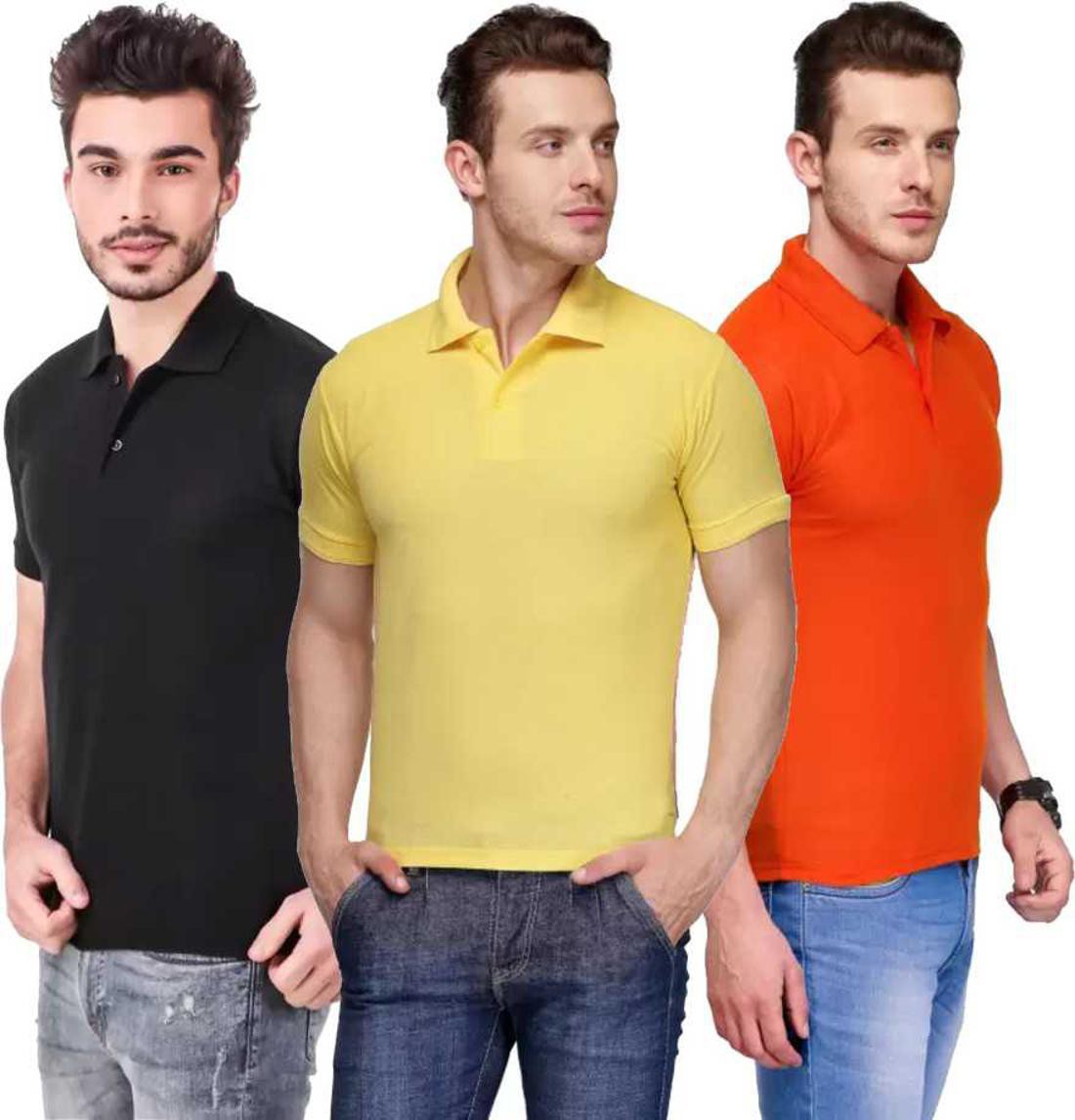 xl-tshirt-combo-3-black-yellow-orange-phonicz-retails-original-imafg4b5rb7wut4p.jpeg One-H Men's Polo Neck Short Sleeve Casual Tshirt Combo of Black, Orange, Yellow colors (Pack of 3) - Image 1