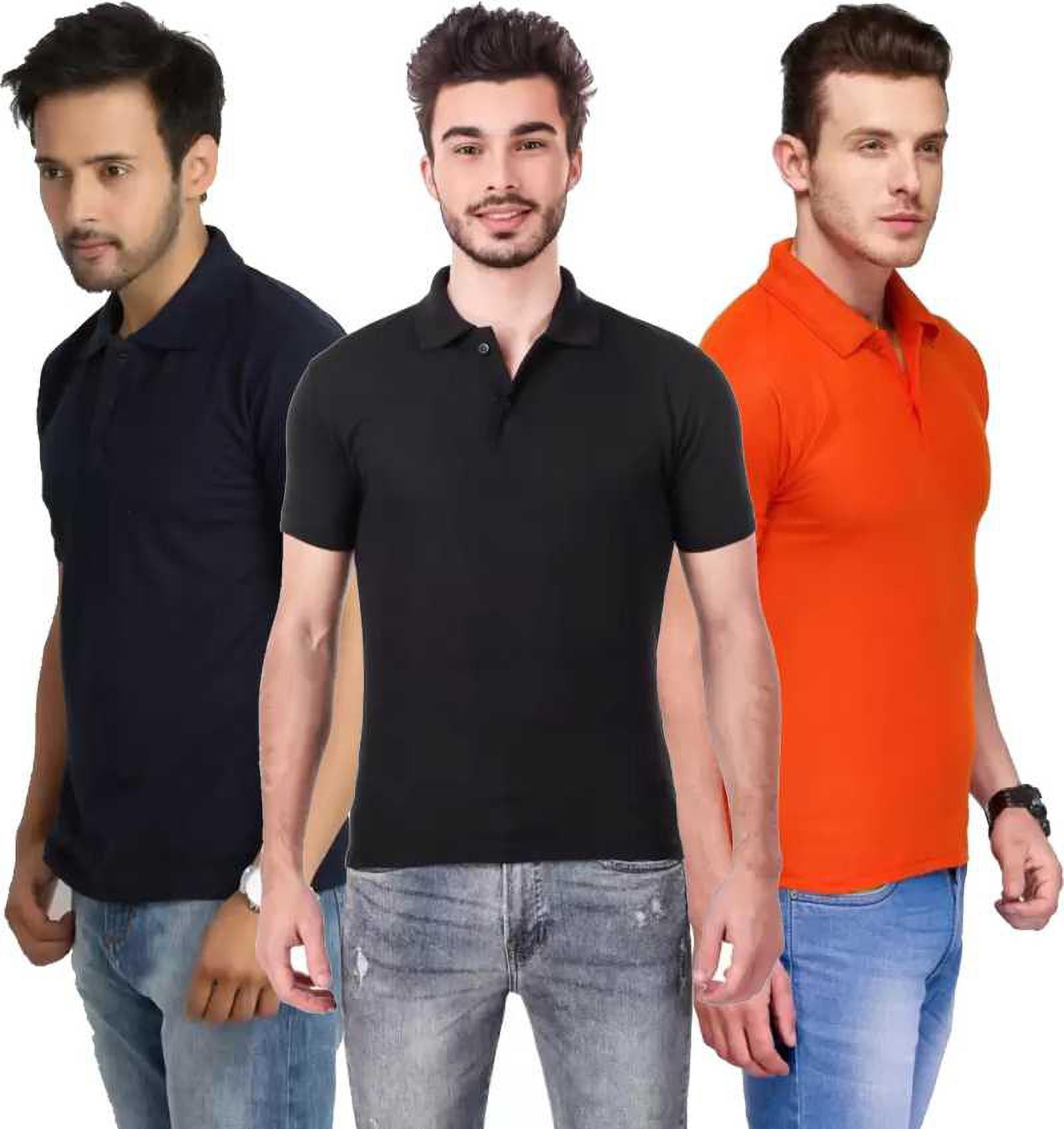 xl-tshirt-combo-3-darkblue-black-orange-phonicz-retails-original-imafg4dc5se2zfzj.jpeg One-H Men's Polo Neck Short Sleeve Casual Tshirt Combo of Dark Blue, Black, Orange colors (Pack of 3) - Image 1