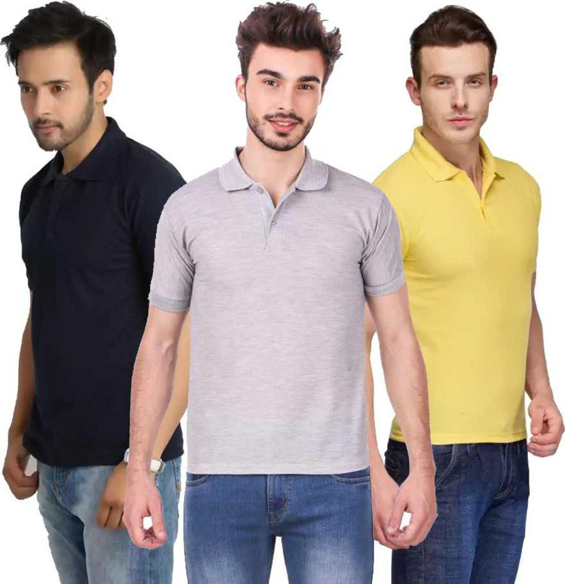 xl-tshirt-combo-3-darkblue-grey-yellow-phonicz-retails-original-imafg4cqguybtmrh.jpeg One-H Men's Polo Neck Short Sleeve Casual Tshirt Combo of Dark Blue, Grey, Yellow colors (Pack of 3) - Image 1