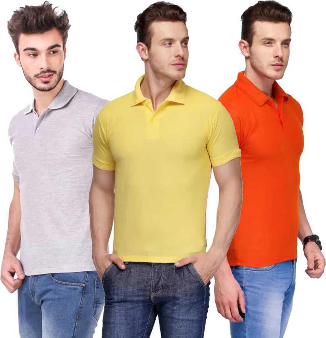 xl-tshirt-combo-3-grey-yellow-orange-phonicz-retails-original-imafg4bkbhc39gdn.jpeg One-H Men's Polo Neck Short Sleeve Casual Tshirt Combo of Orange, Grey, Yellow colors (Pack of 3) - Image 1