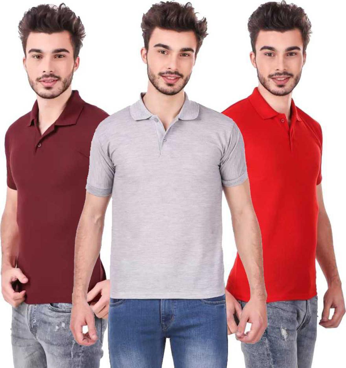 xl-tshirt-combo-3-maroon-grey-red-phonicz-retails-original-imafg4cepgzbxduw.jpeg One-H Men's Polo Neck Short Sleeve Casual Tshirt Combo of Red, Maroon, Grey colors (Pack of 3) - Image 1