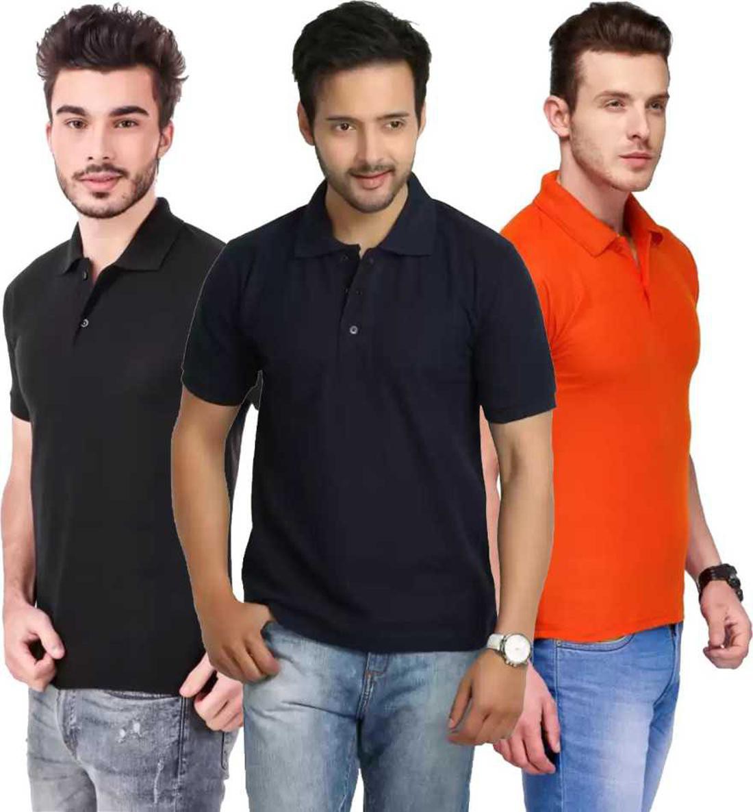 xxl-tshirt-combo-3-black-darkblue-orange-phonicz-retails-original-imafg4bvznhytgjg.jpeg One-H Men's Polo Neck Short Sleeve Casual Tshirt Combo of Dark Blue, Black, Orange colors (Pack of 3) - Image 1