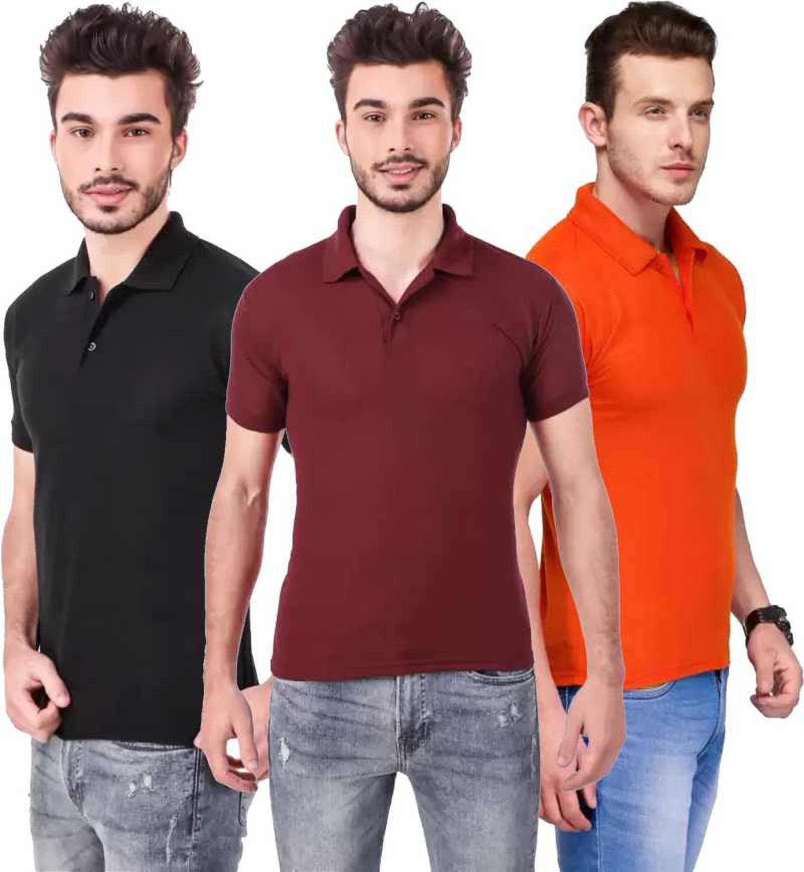 xxl-tshirt-combo-3-black-maroon-orange-phonicz-retails-original-imafg4b3vjmp9neh.jpeg One-H Men's Polo Neck Short Sleeve Casual Tshirt Combo of Maroon, Black, Orange colors (Pack of 3) - Image 1