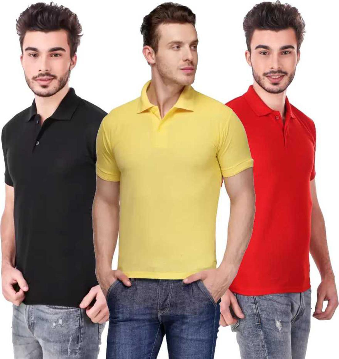 xxl-tshirt-combo-3-black-yellow-red-phonicz-retails-original-imafg4cngpzzrzv8.jpeg One-H Men's Polo Neck Short Sleeve Casual Tshirt Combo of Red, Black, Yellow colors (Pack of 3) - Image 1