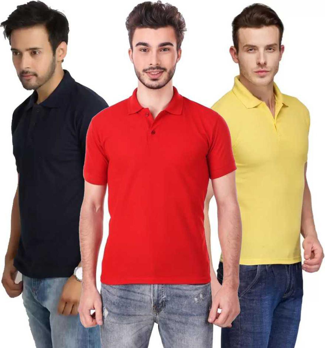 xxl-tshirt-combo-3-darkblue-red-yellow-phonicz-retails-original-imafg4d59ucgk63d.jpeg One-H Men's Polo Neck Short Sleeve Casual Tshirt Combo of Dark Blue, Red, Yellow colors (Pack of 3) - Image 1