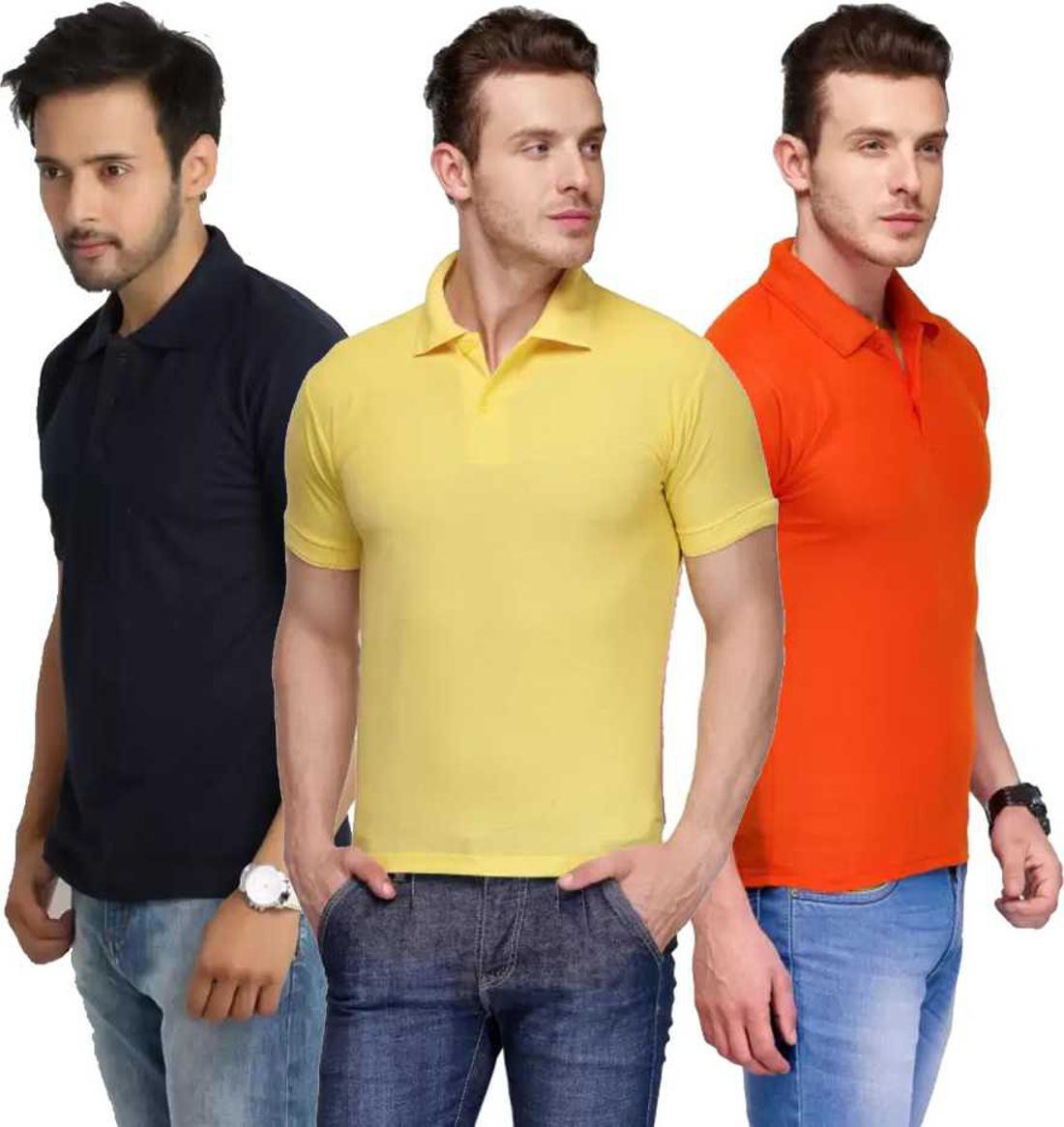 xxl-tshirt-combo-3-darkblue-yellow-orange-phonicz-retails-original-imafg4dz8wgcrbuh.jpeg One-H Men's Polo Neck Short Sleeve Casual Tshirt Combo of Dark Blue, Orange, Yellow colors (Pack of 3) - Image 1