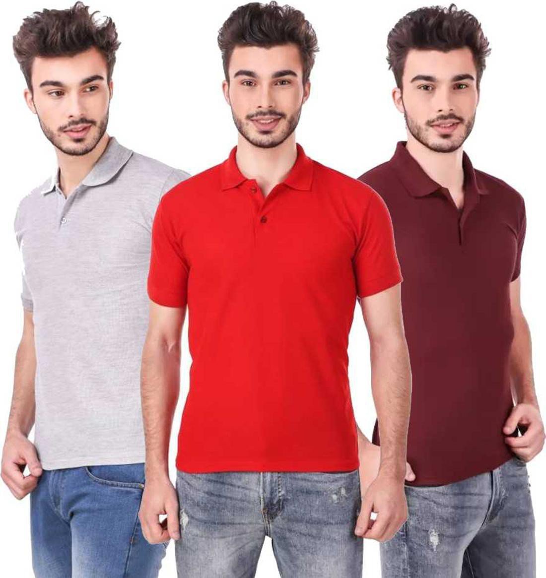 xxl-tshirt-combo-3-grey-red-maroon-phonicz-retails-original-imafg4cx4bzytfuw.jpeg One-H Men's Polo Neck Short Sleeve Casual Tshirt Combo of Red, Maroon, Grey colors (Pack of 3) - Image 1