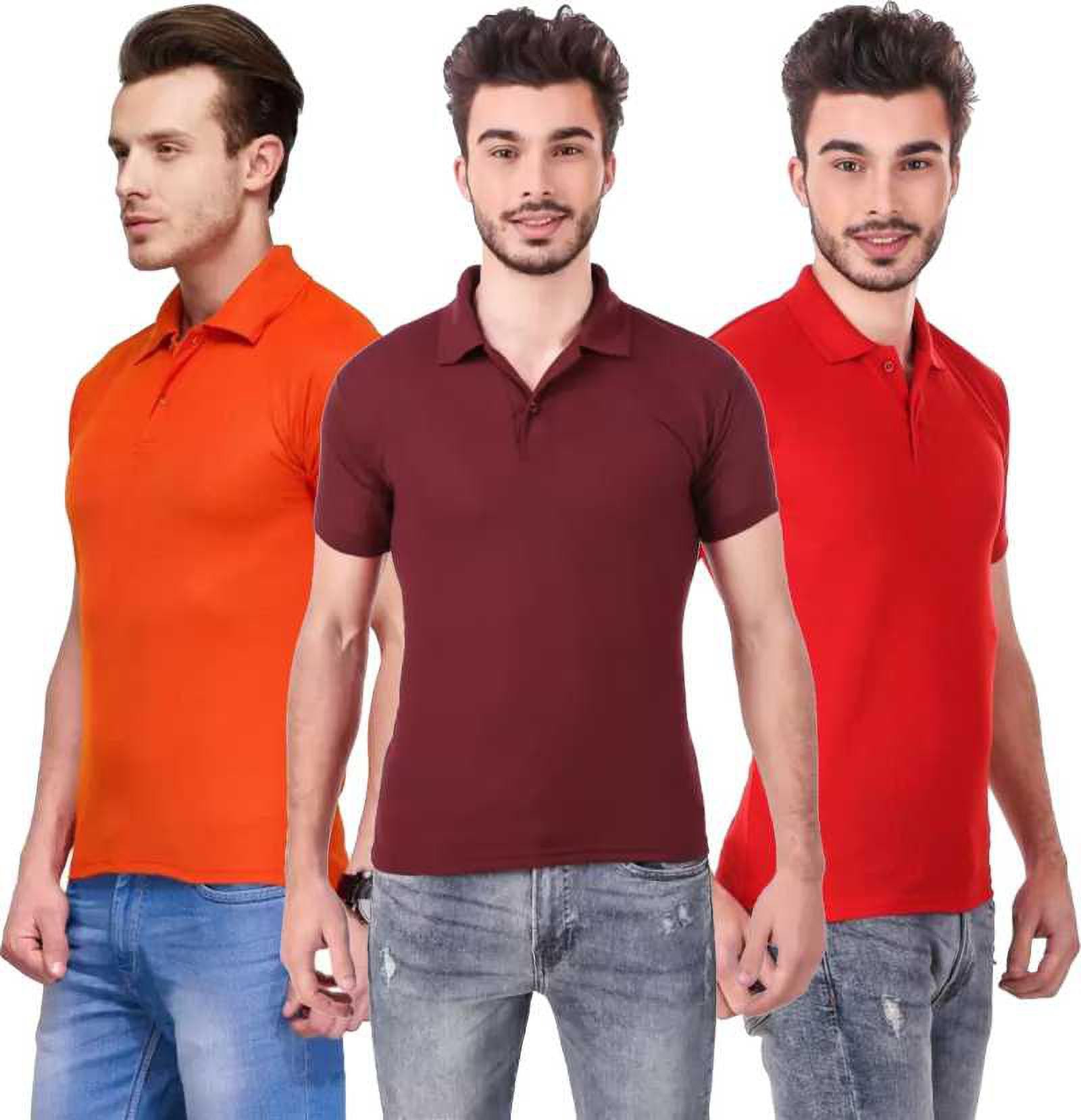 xxl-tshirt-combo-3-orange-maroon-red-phonicz-retails-original-imafg4ascgfbygyt.jpeg One-H Men's Polo Neck Short Sleeve Casual Tshirt Combo of Red, Maroon, Orange colors (Pack of 3) - Image 1