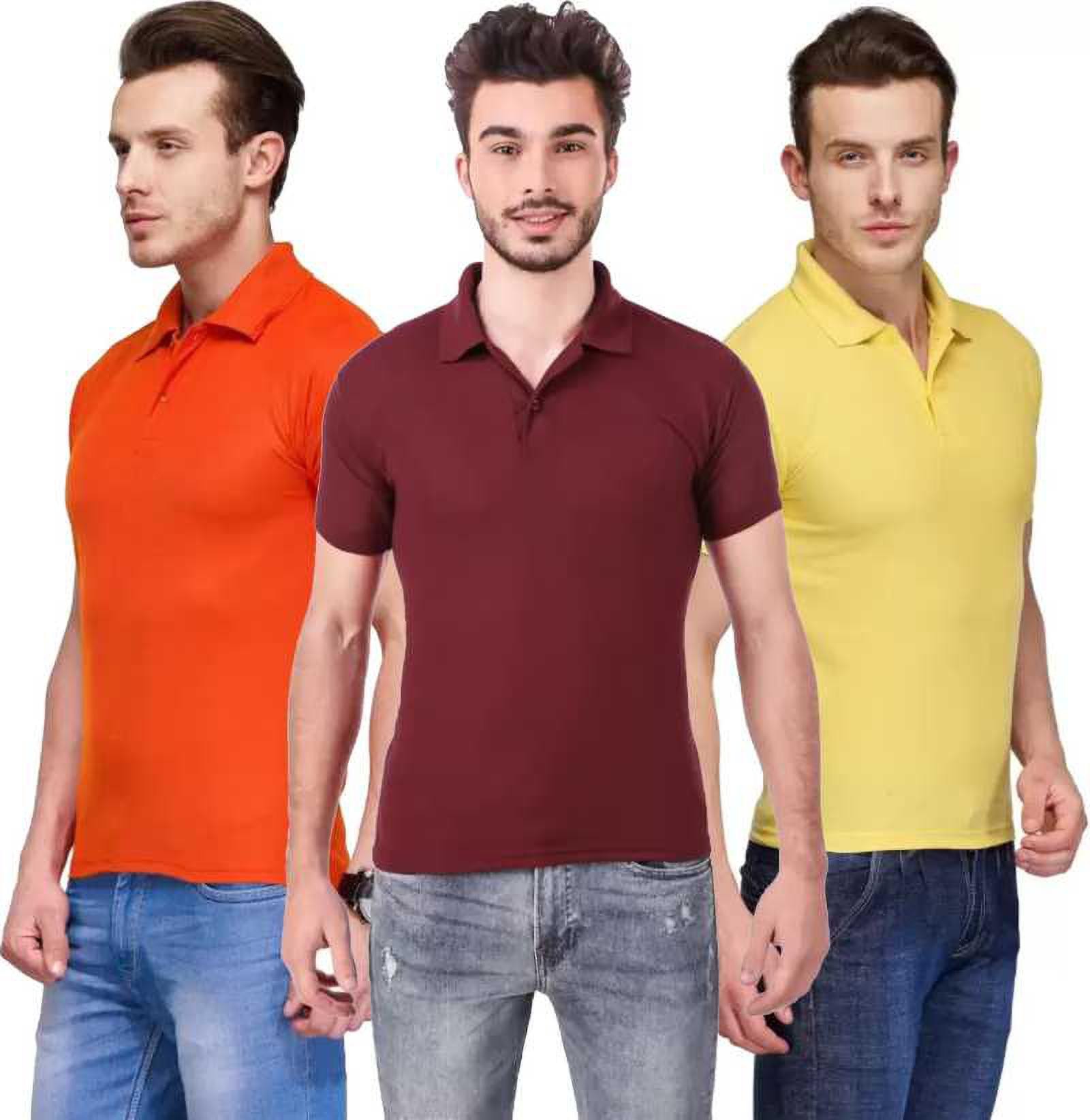 xxl-tshirt-combo-3-orange-maroon-yellow-mudshi-original-imafg4dbkfj4mebz.jpeg One-H Men's Polo Neck Short Sleeve Casual Tshirt Combo of Maroon, Orange, Yellow colors (Pack of 3) - Image 1